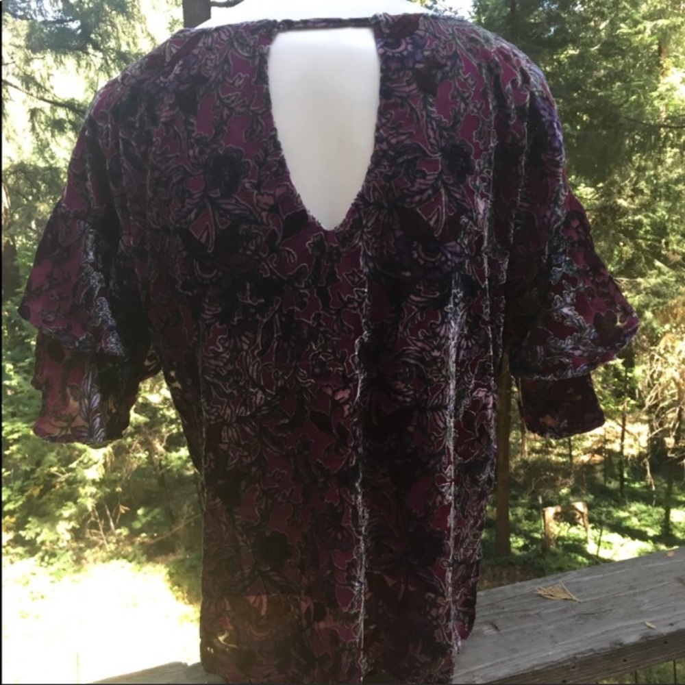 Lily White burnt velvet brocade floral mesh ,vintage burgundy blouse - Picture 8 of 11